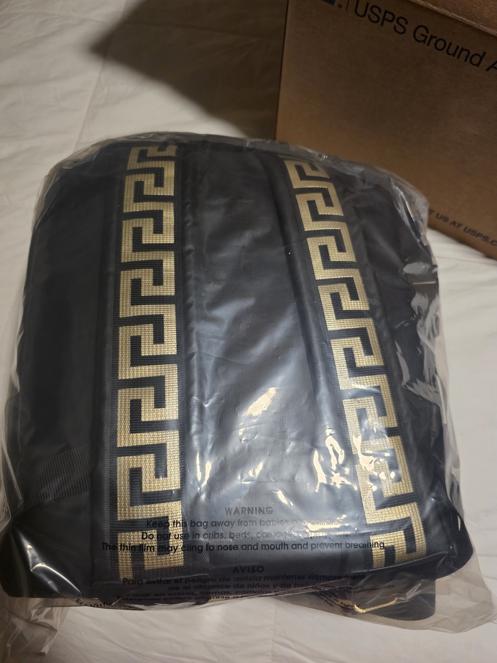 Versace Parfums Black/Gold Greek Key Backpack. NWT